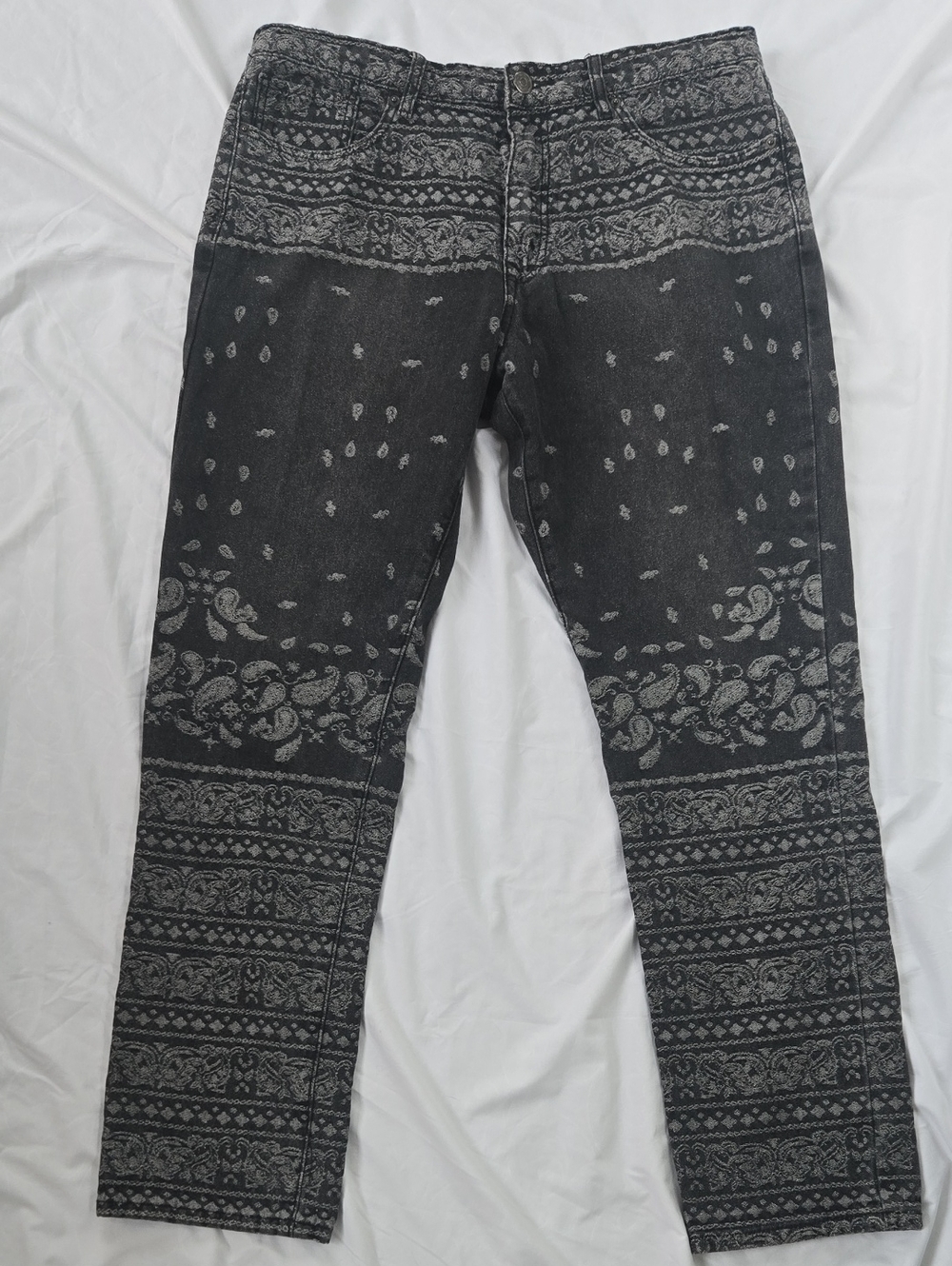 Men's/Unisex CharcoalBlack Jeans and White All Over Embroidered Paisley Patterns
